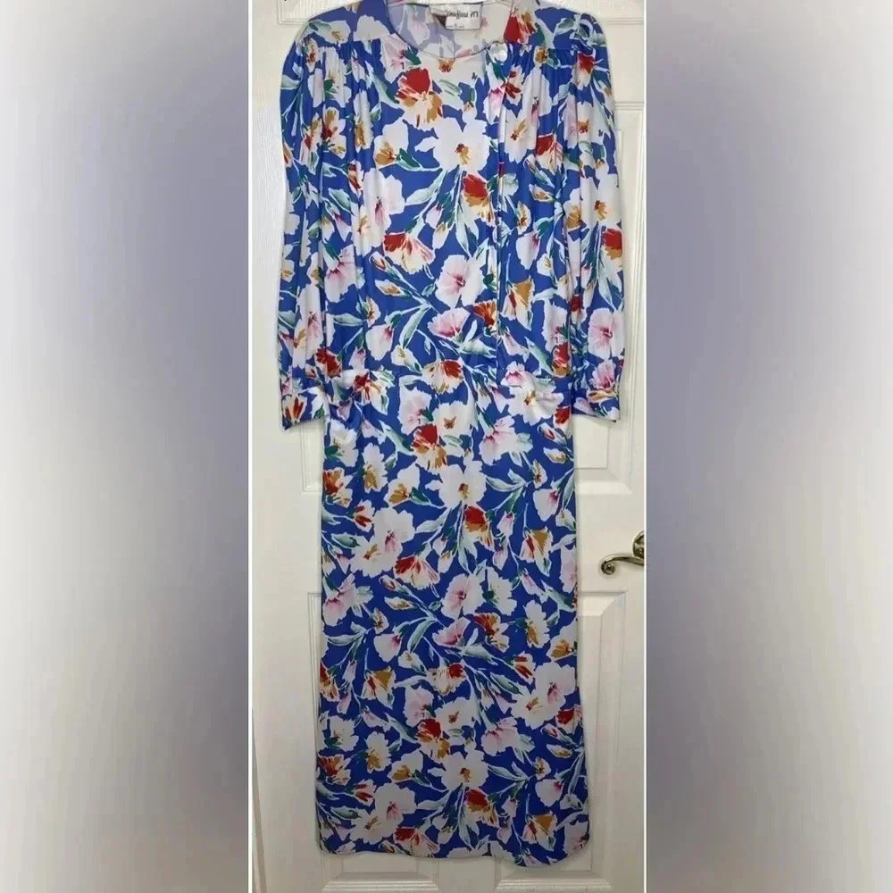 Vintage DAVID BROWN NEIMAN MARCUS blue White Floral L/s Long Maxi Dress Sz Small